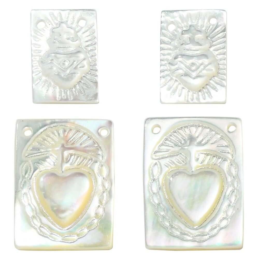 3107 4 pcs 2 Styles Rectangle with Sacred Heart Theme Natural Shell Charms